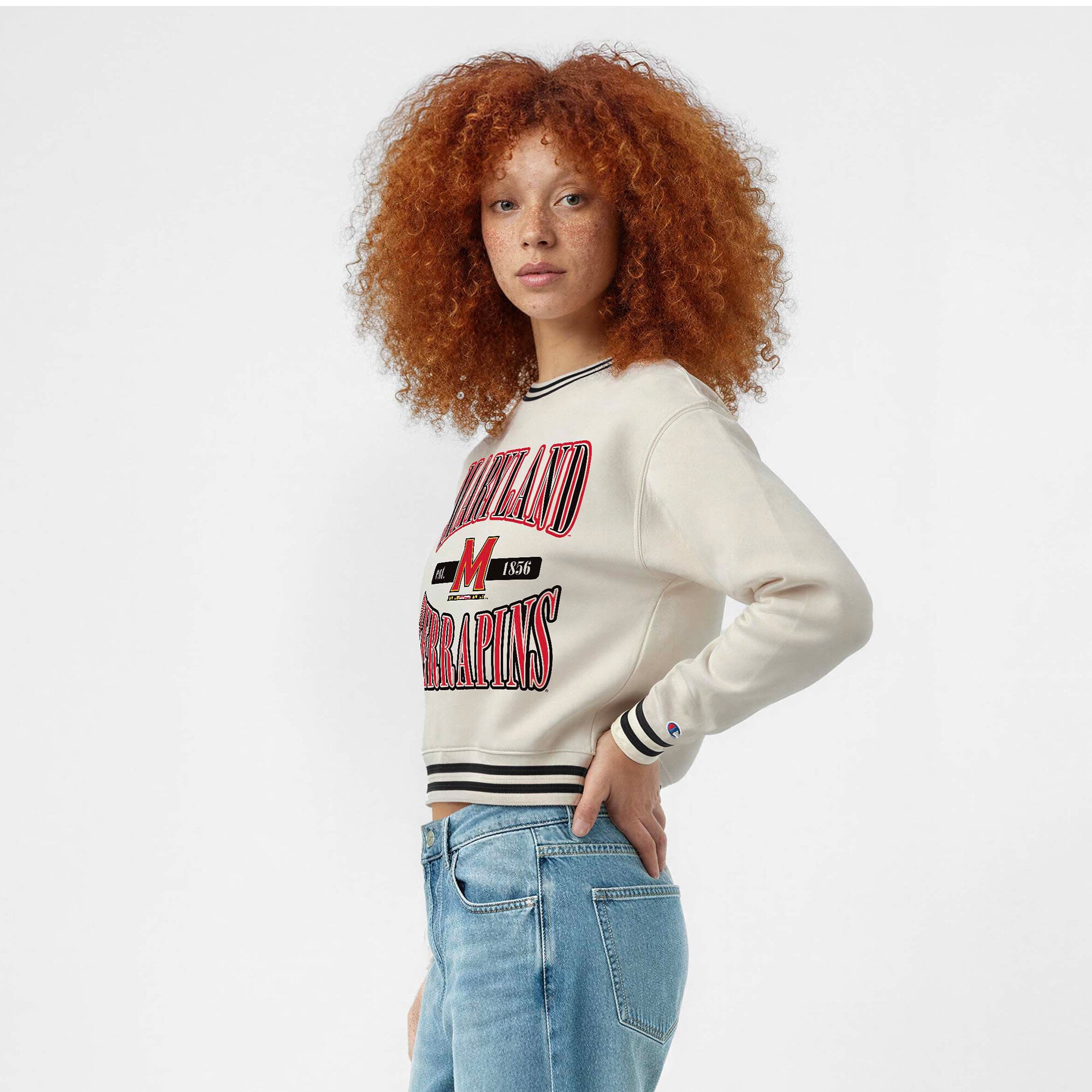 Women's Champion White Maryland Terrapins Yarn Dye Rib Reverse Weave Crew Sweatshirt